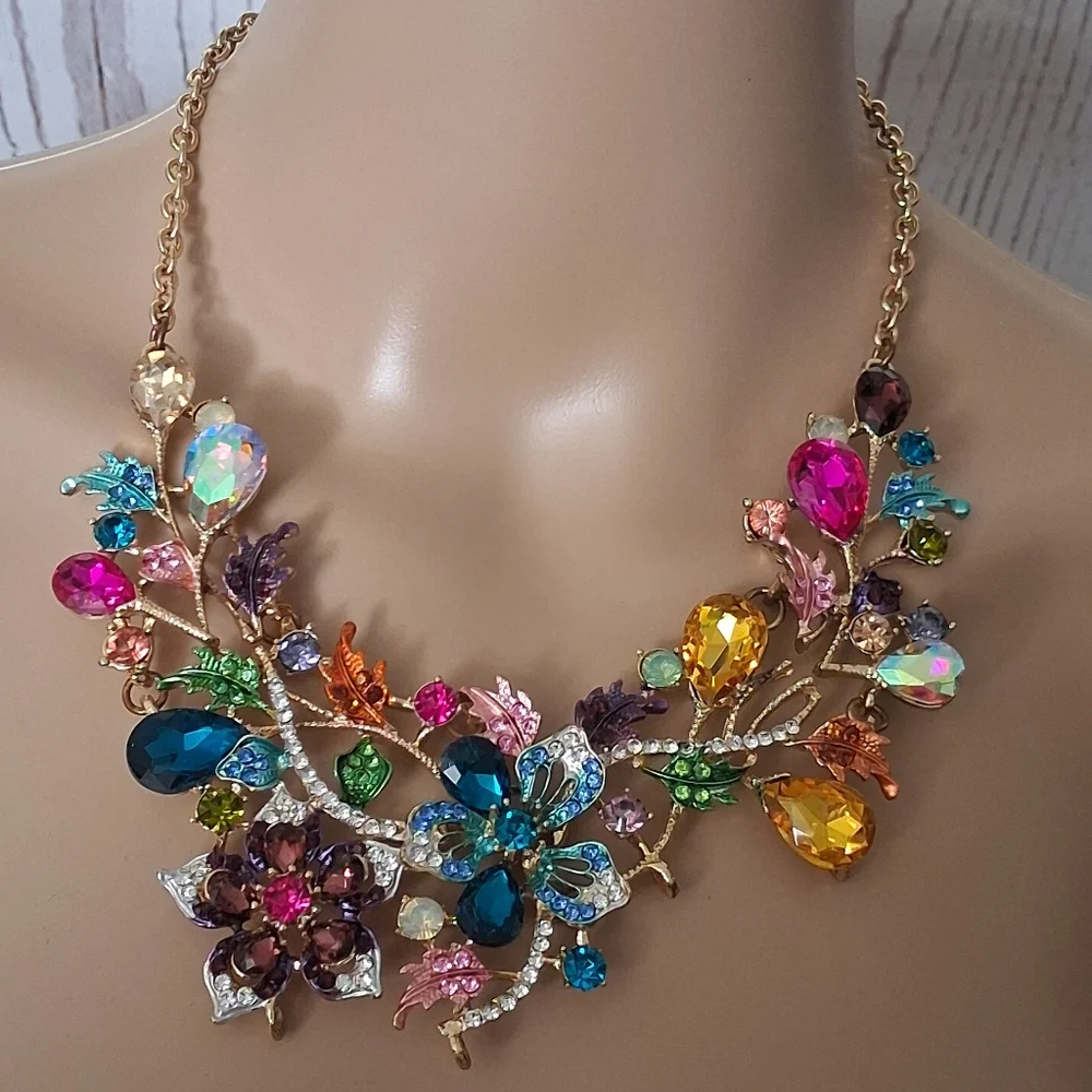 Goldtone Colorful Floral And Vine Statement Necklace